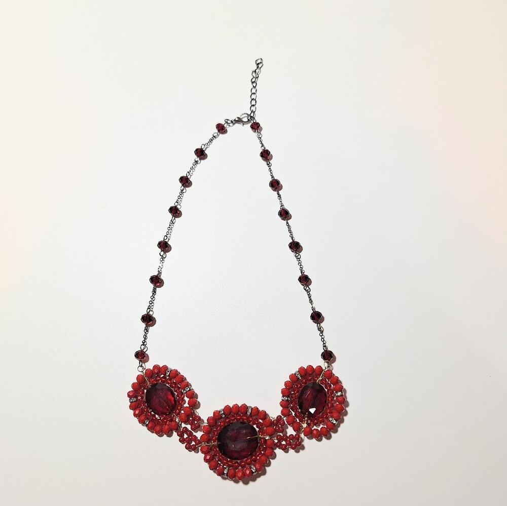 Red Statement Necklace 3 Beaded Discs Center Glass Stones Chain Lobster Clasp